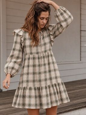 Ephemera XS/S Green Cream Plaid Cottagecore Prairie Mini Dress Cotton Blend Boho